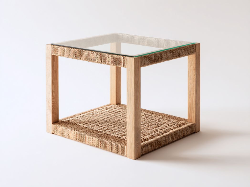 Table d'appoint en bois brun clair et rotin avec plateau en verre transparent