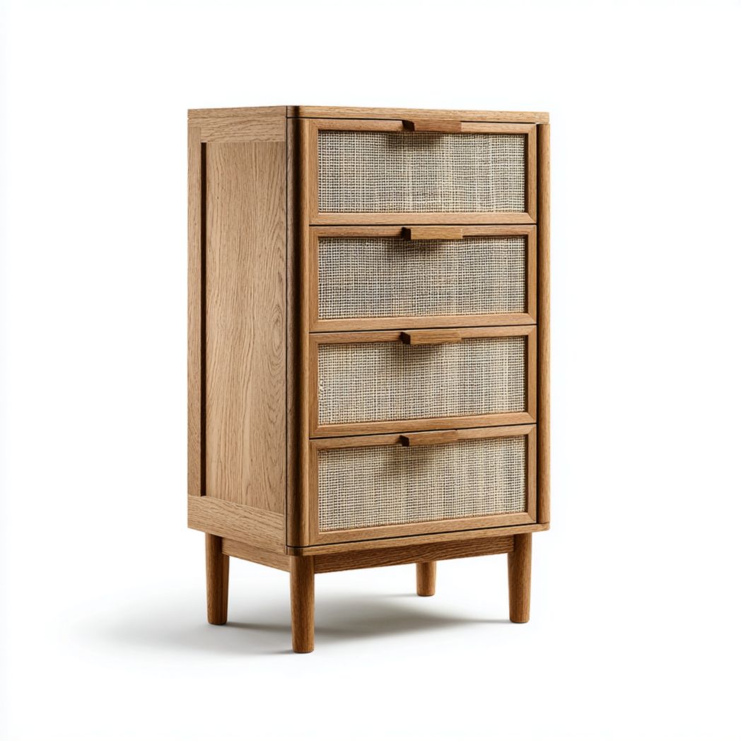 Commode en bois massif brun clair à quatre tiroirs en rotin