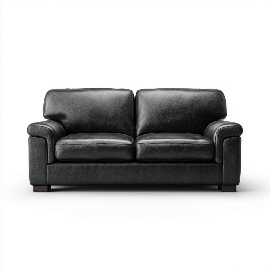 Canapé 2 places en cuir noir, pieds en bois brun foncé