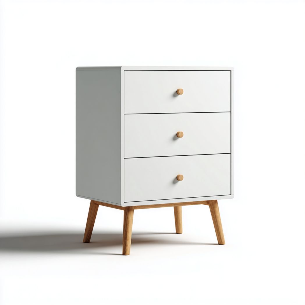 Commode blanche à trois tiroirs avec poignées et pieds brun clair