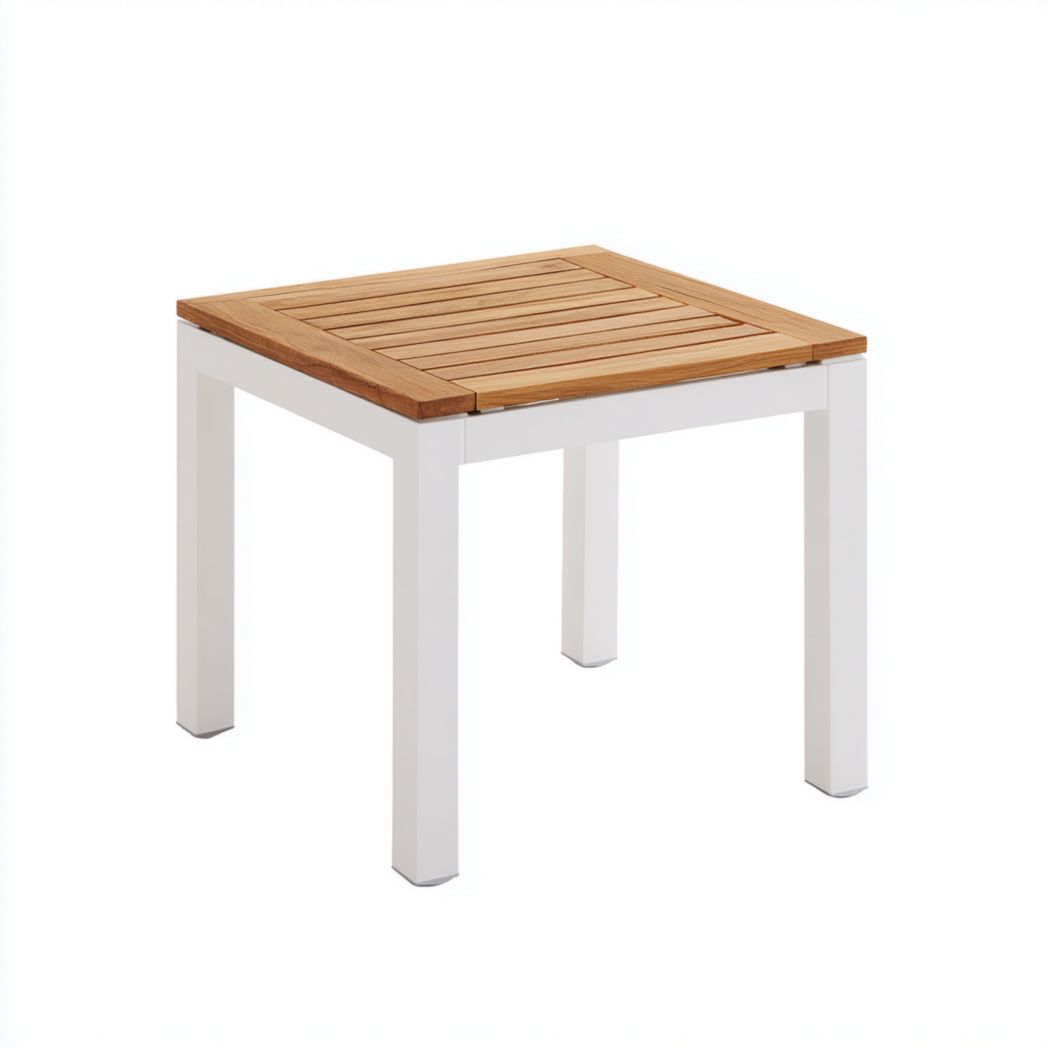 Table de jardin plateau bois brun clair et structure métallique blanche