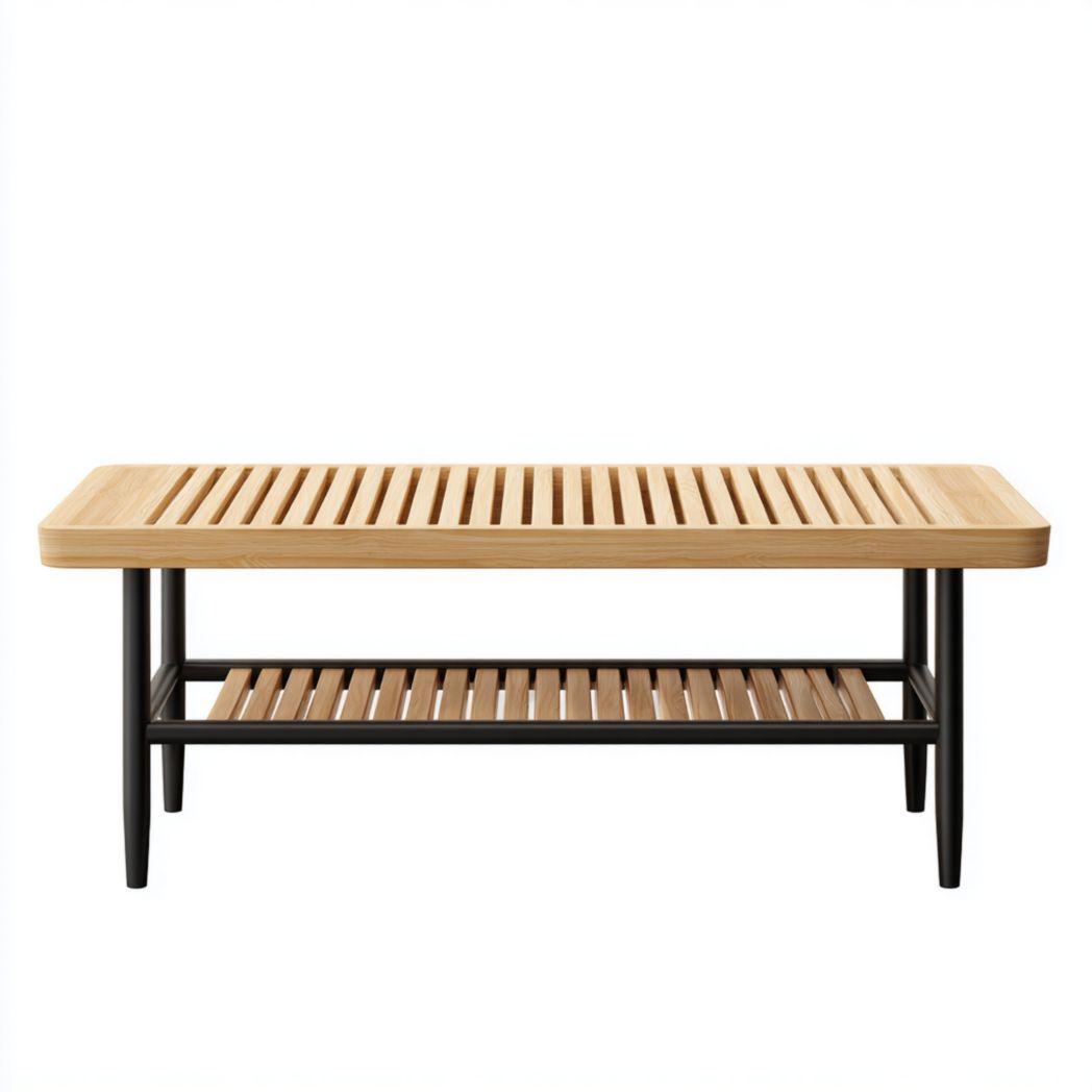 Table basse rectangulaire en bois clair avec étagère et structure noire