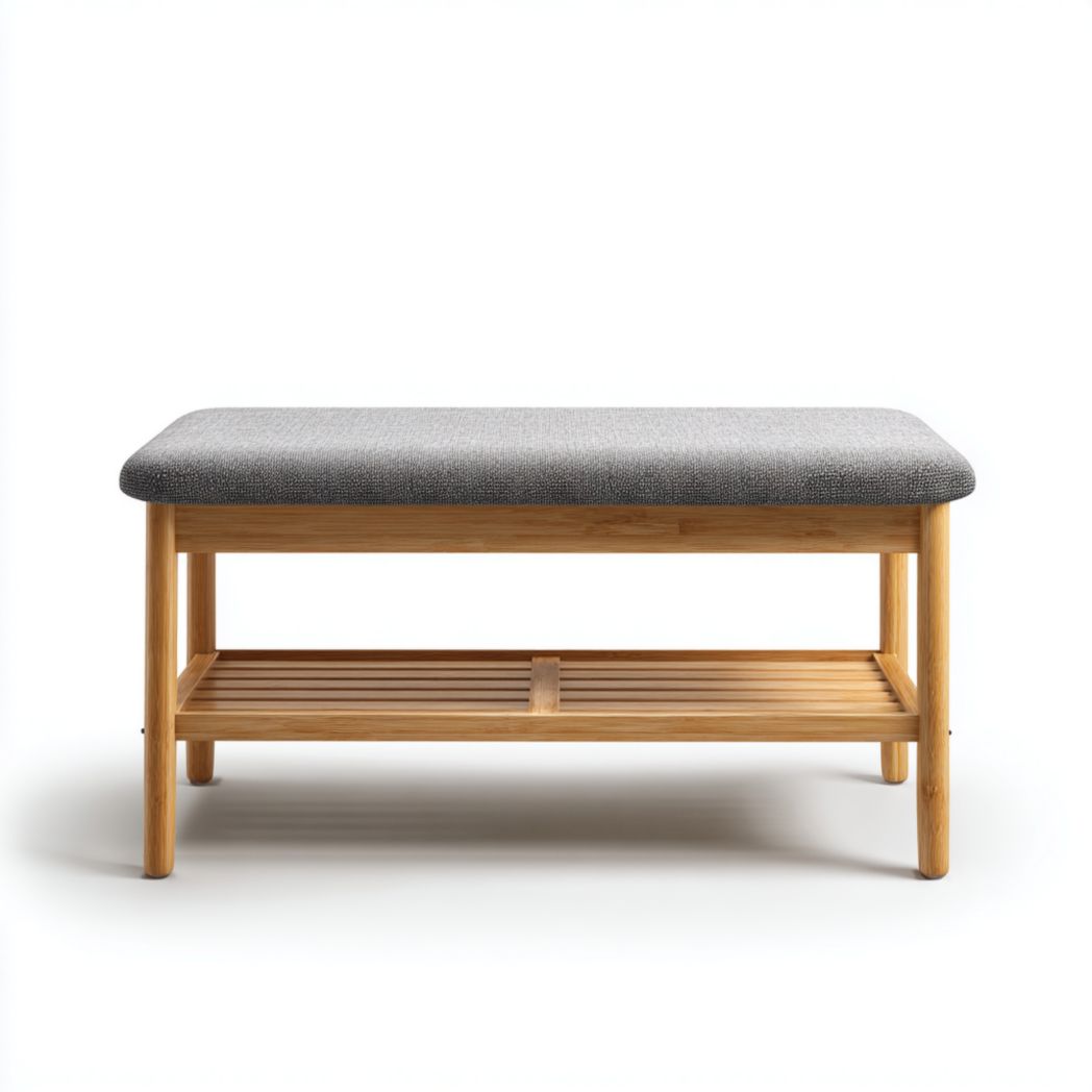 Banc avec assise grise et structure en bois brun clair avec étagère