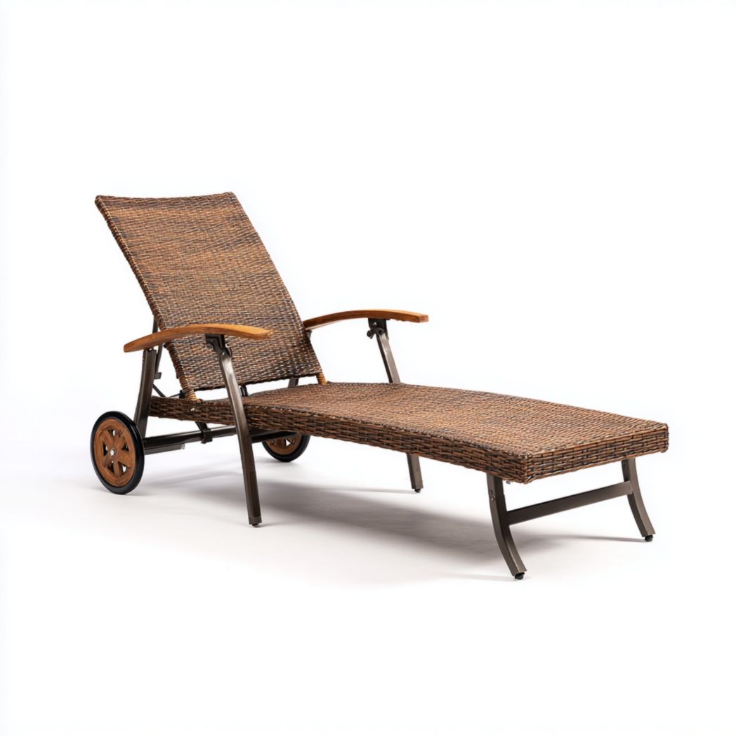 Bain de soleil réglable en rotin synthétique brun avec accoudoirs en bois et roulettes