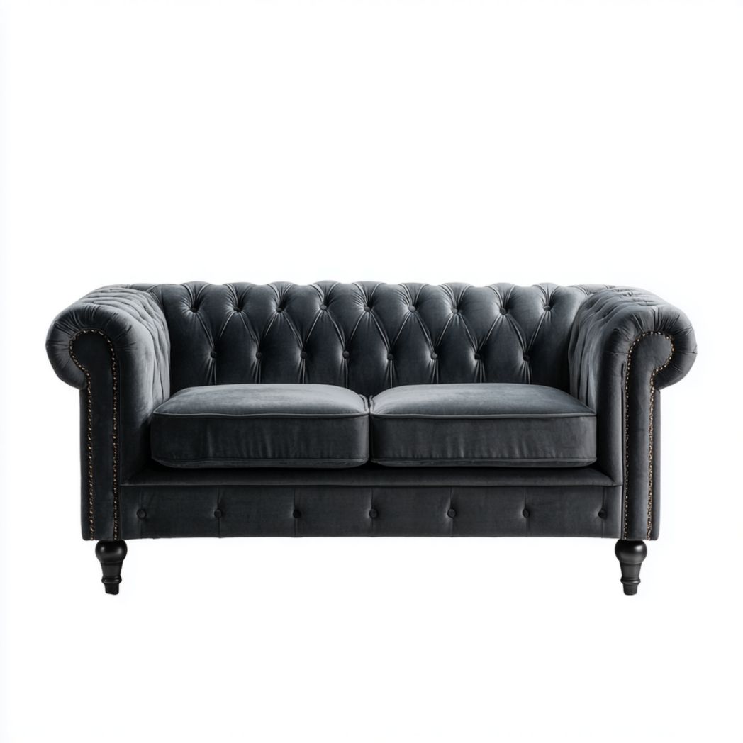 Canapé 2 places en velours gris foncé avec pieds noirs