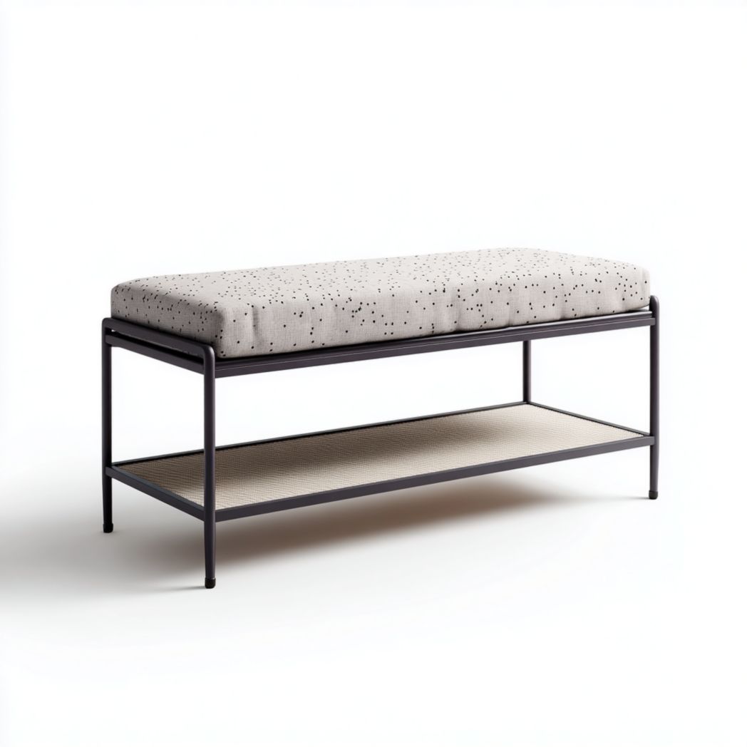 Banc de rangement avec assise gris clair à motifs et structure noire