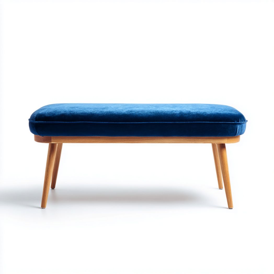 Banc avec assise bleue et pieds couleur brun clair