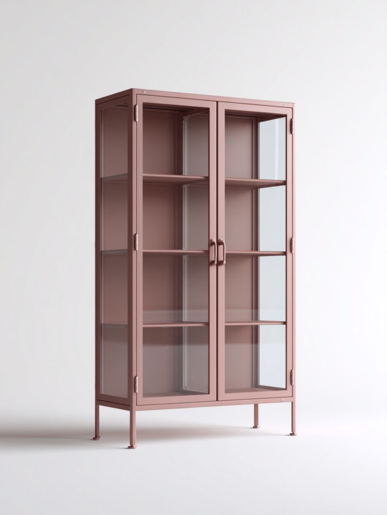 Vitrine rose avec portes vitrées et étagères assorties