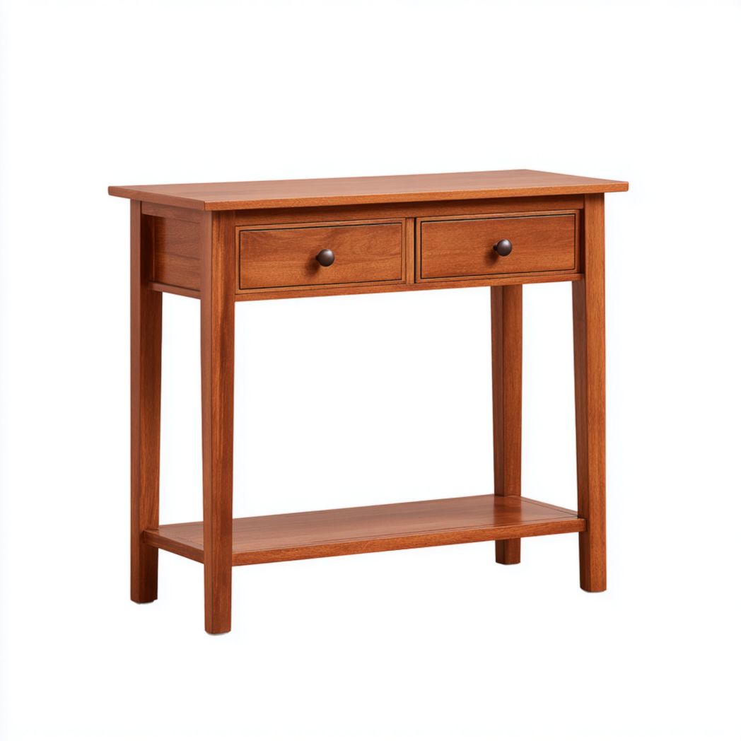 Console en bois massif brun rouge avec deux tiroirs et étagère inférieure