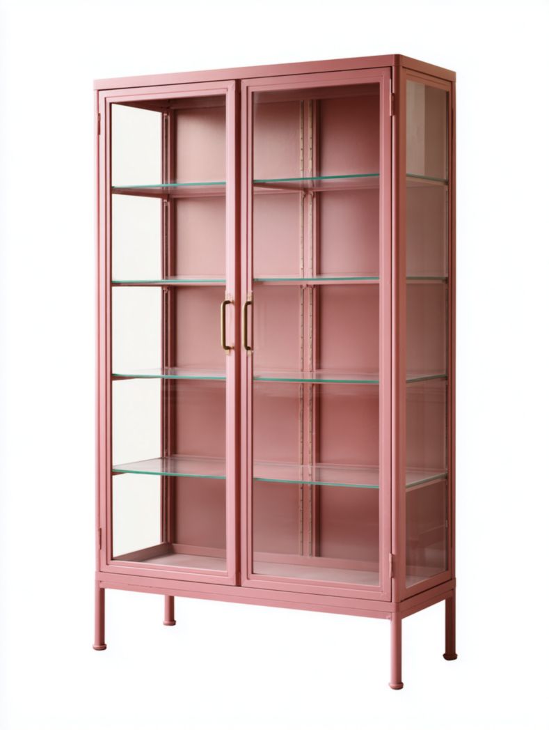 Vitrine rose en métal avec portes vitrées et poignées dorées