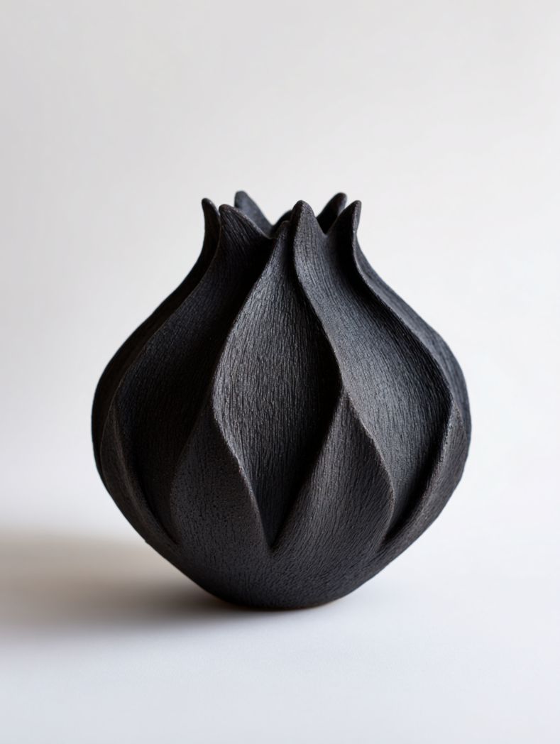 Vase en céramique noire à texture sculptée