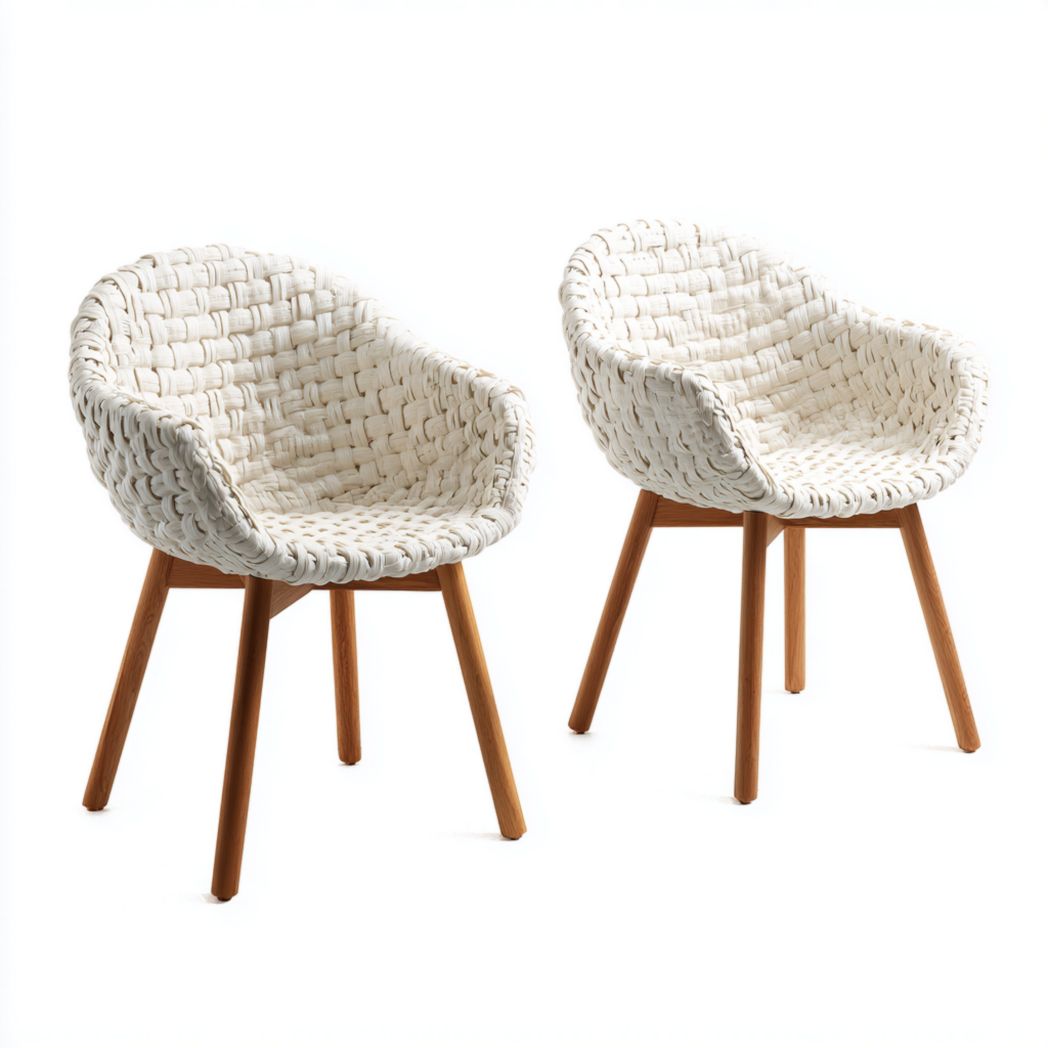 Lot de 2 fauteuils de jardin tressés blancs avec pieds en bois