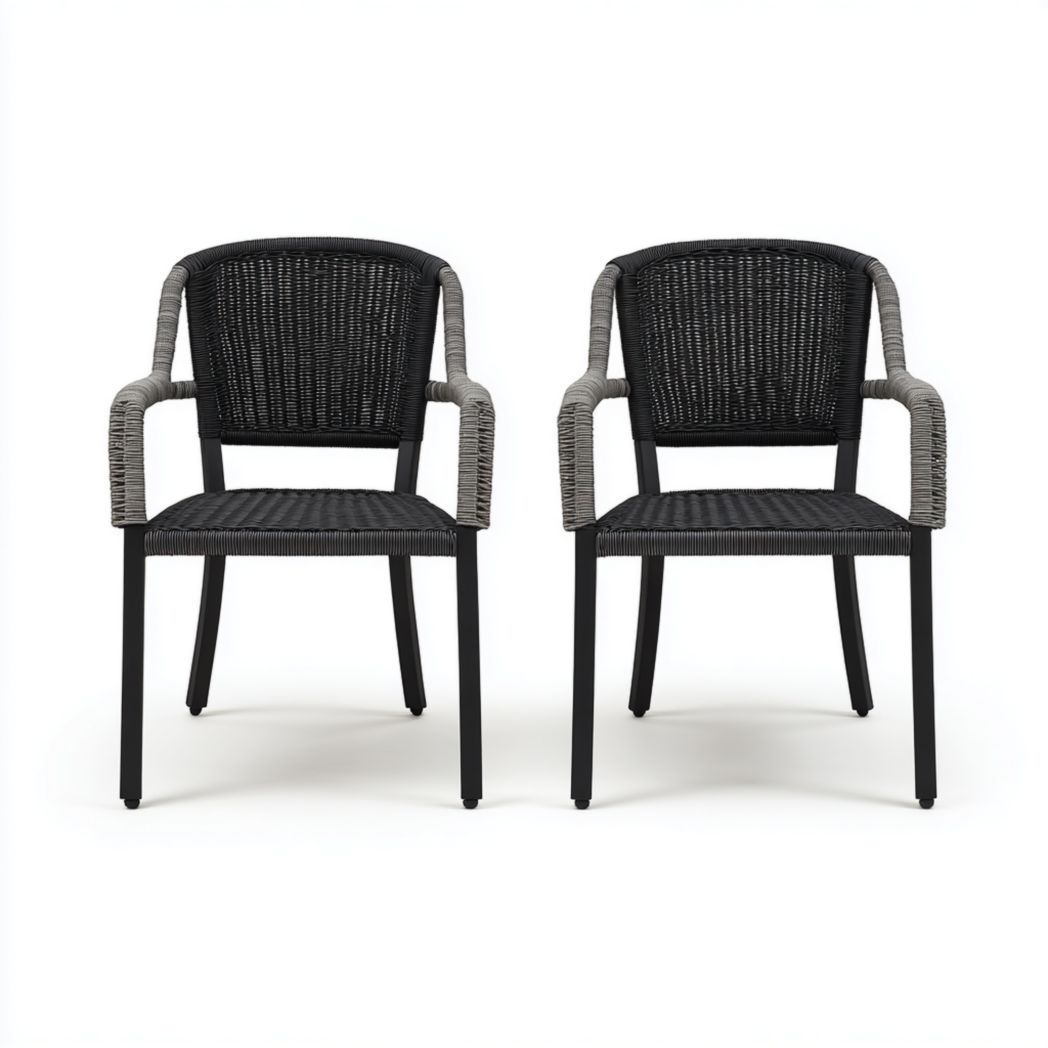 Lot de 2 fauteuils de jardin en rotin synthétique bicolore noir et gris