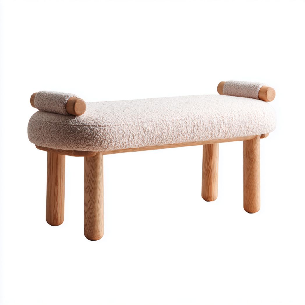 Banc avec assise beige clair et pieds ronds brun clair