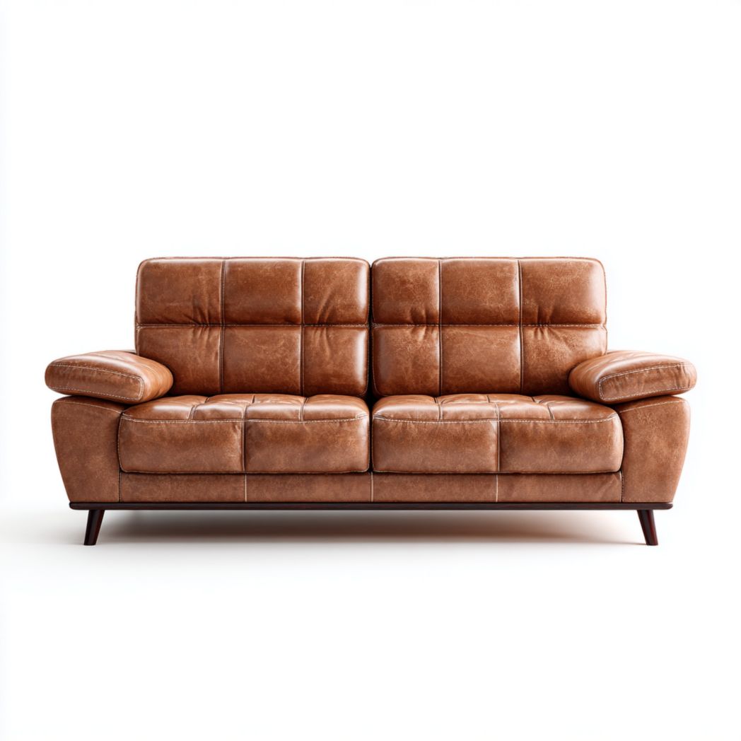 Canapé 2 places en cuir marron avec pieds en bois foncé