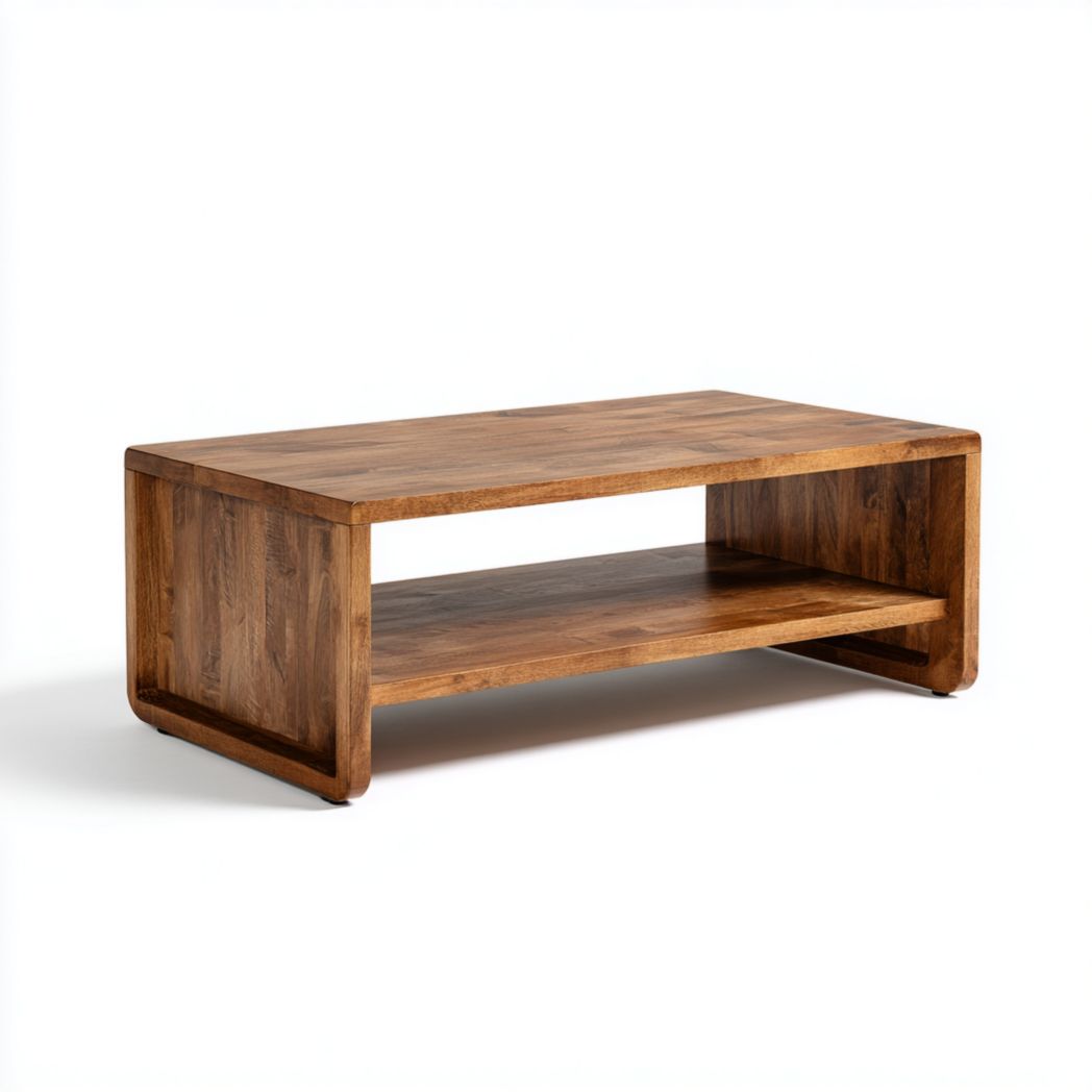 Table basse rectangulaire en bois massif brun clair avec étagère de rangement