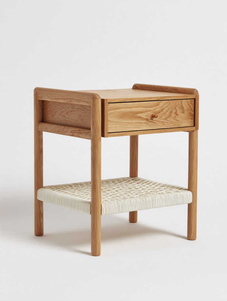 Table de chevet en bois avec tiroir et étagère tressée