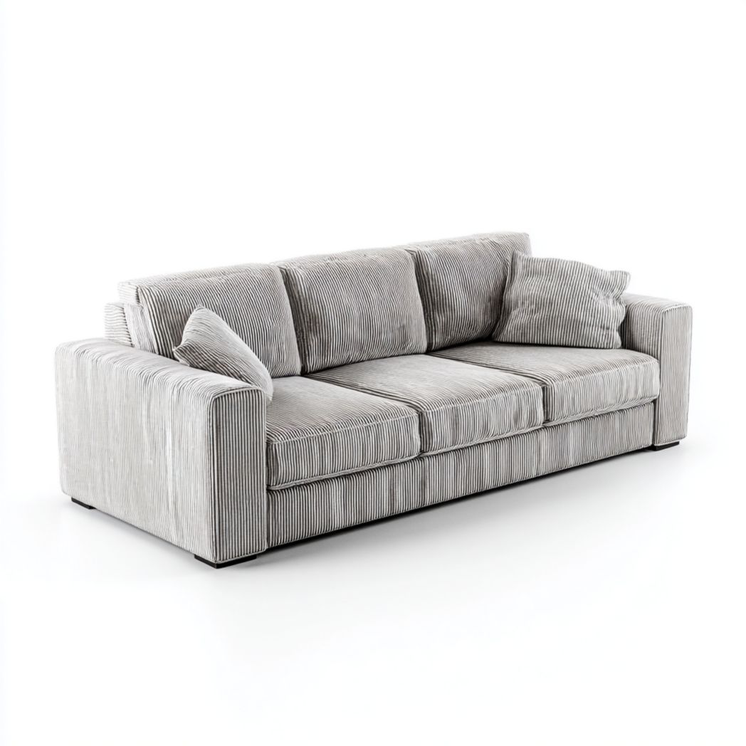 Canapé 3 places en velours côtelé gris clair avec deux coussins et pieds noirs