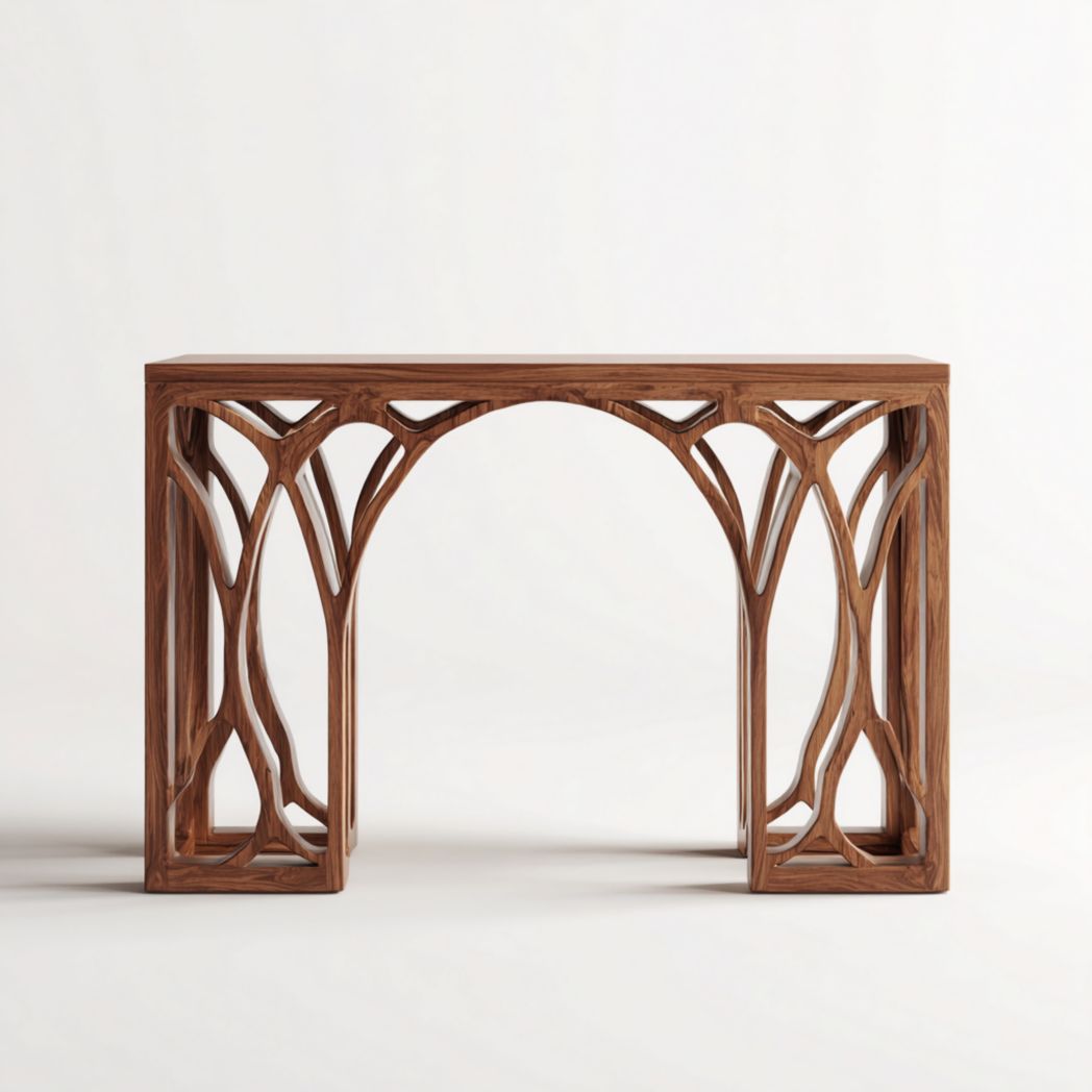 Console en bois brun foncé avec détails ajourés sculptés