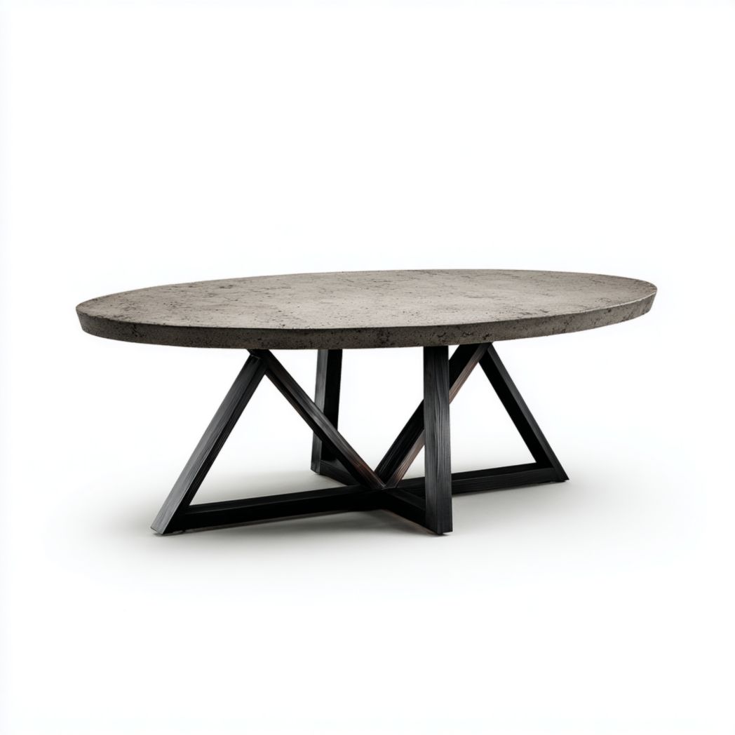 Table basse ovale aspect béton avec structure en métal noir