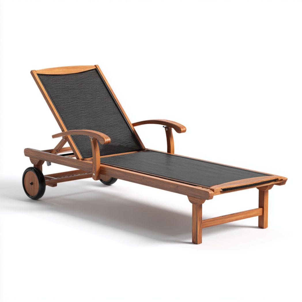 Bain de soleil réglable en bois avec toile noire et roulettes