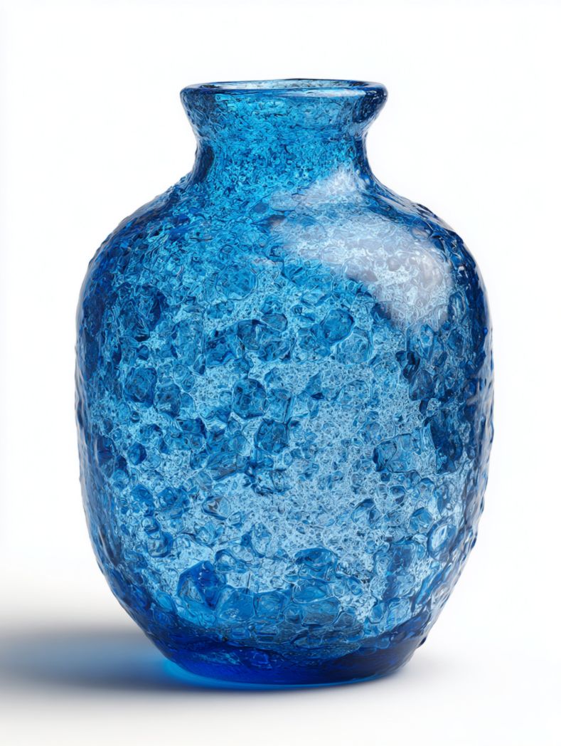 Vase en verre bleu à texture craquelée