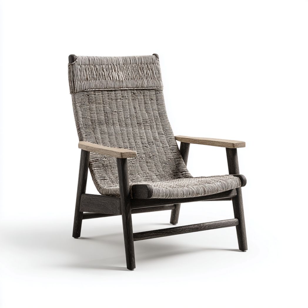 Fauteuil de jardin en rotin gris avec structure noire et accoudoirs marron clair