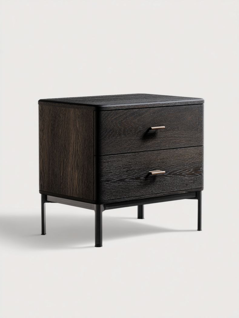 Table de chevet en bois et métal avec deux tiroirs