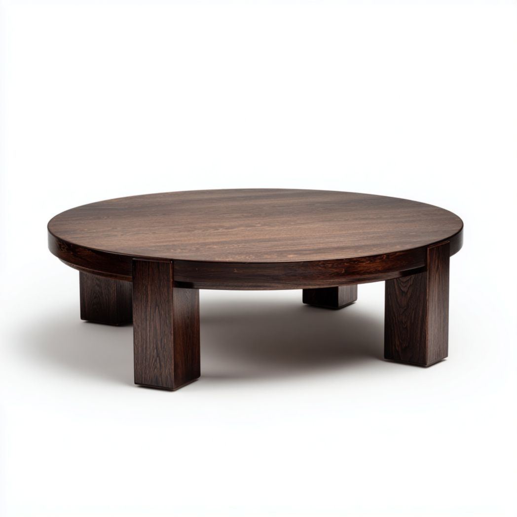 Table basse ronde en bois marron foncé à quatre pieds