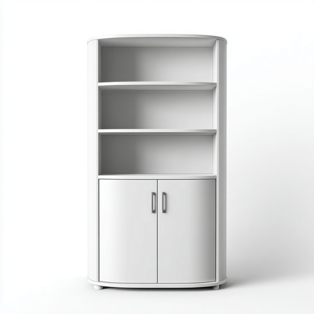 Bibliothèque blanche avec portes de rangement et trois étagères ouvertes