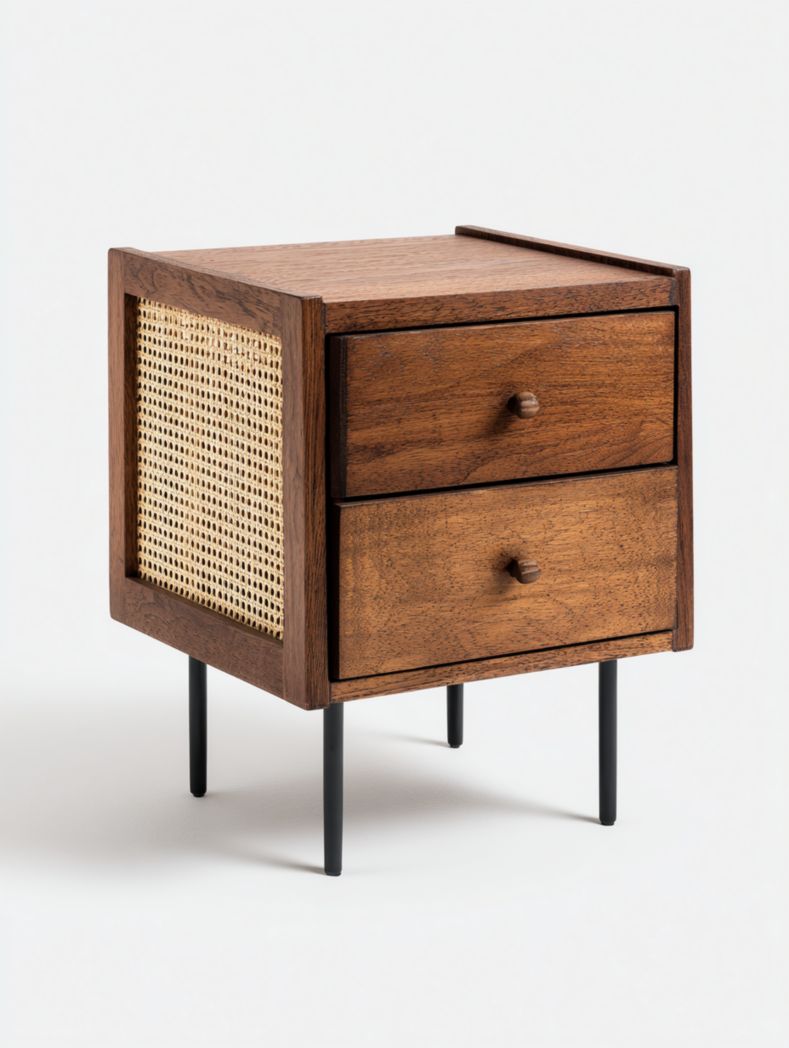 Table de chevet en bois et rotin avec deux tiroirs et pieds en métal