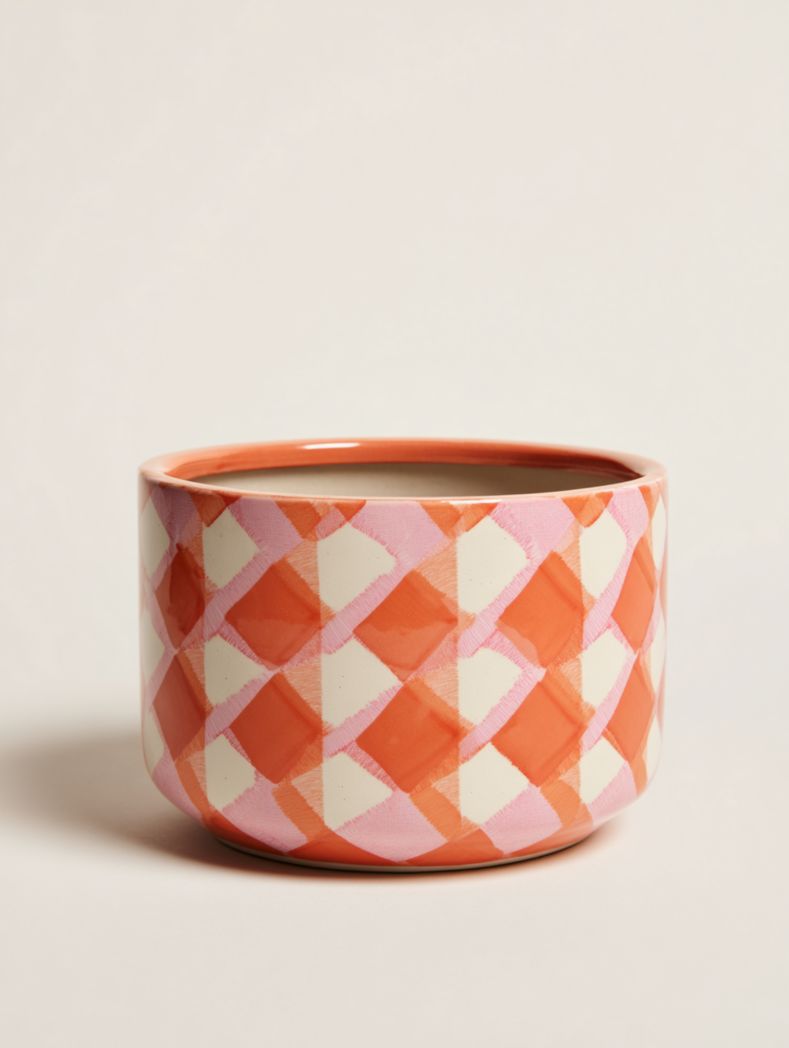 Cache-pot en céramique à motif carreaux rose et orange