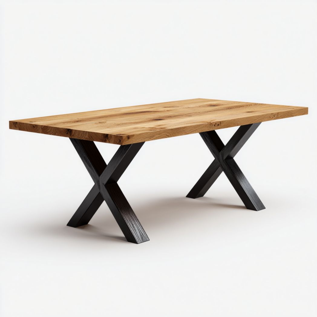 Table à manger rectangulaire marron clair avec pieds croisés noirs en métal