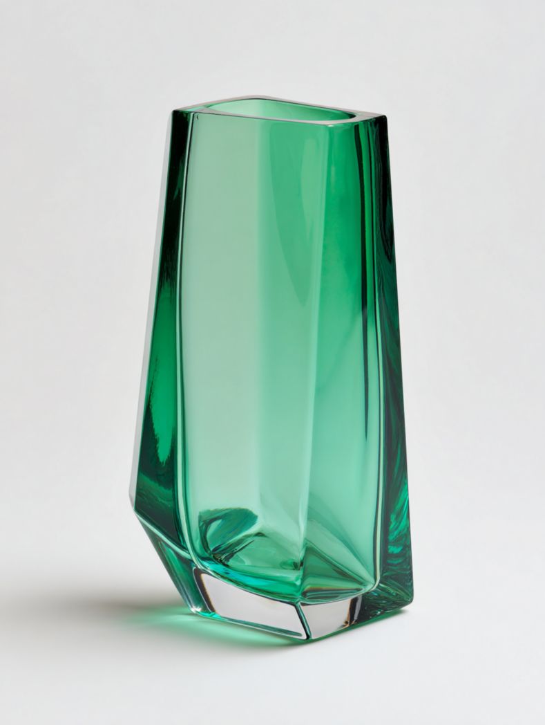 Vase en verre vert à forme géométrique