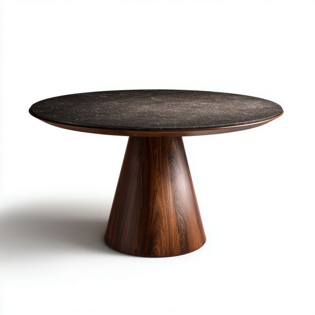 Table à manger ronde avec plateau noir et base en bois marron foncé