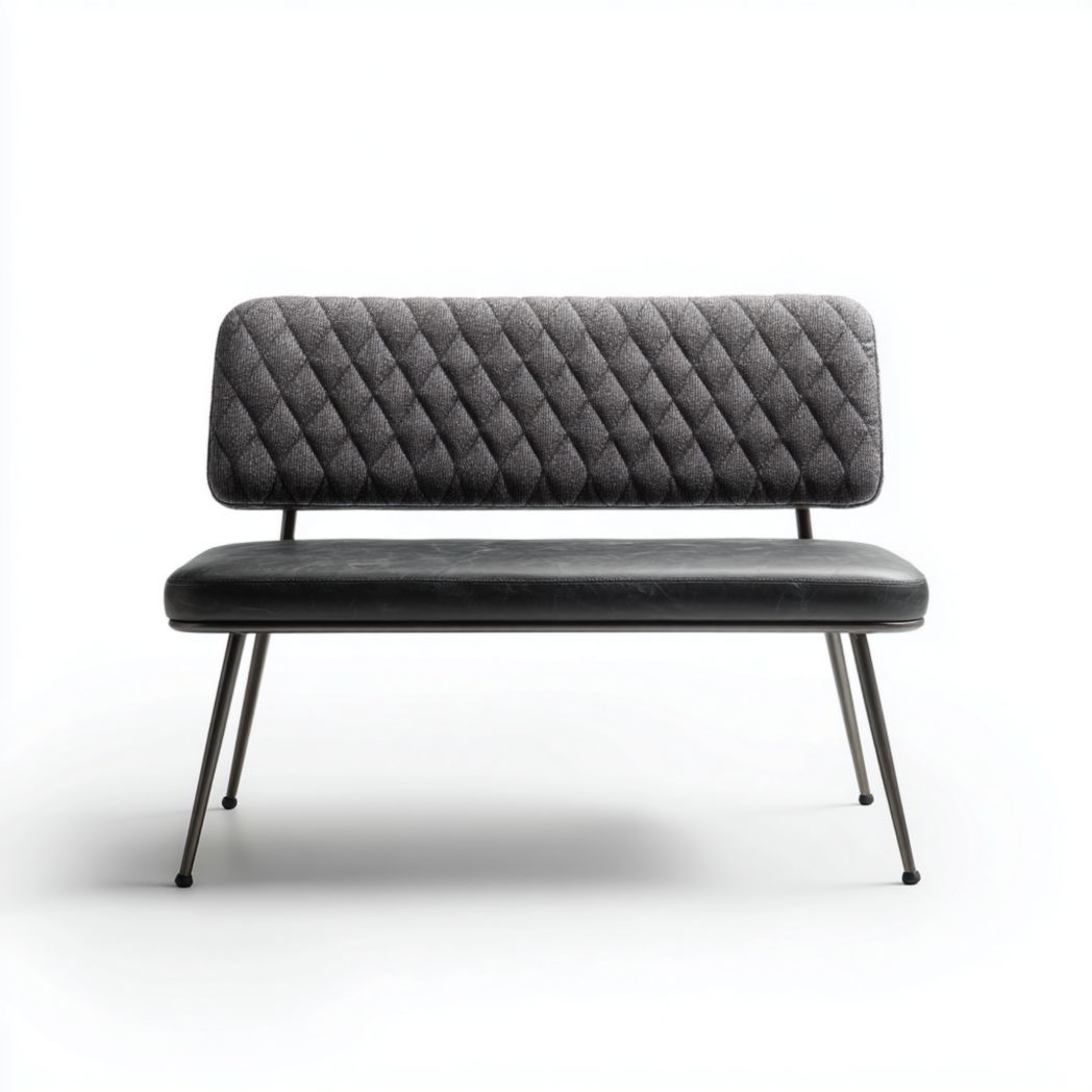 Banc avec dossier gris et assise noire sur pieds métalliques noirs