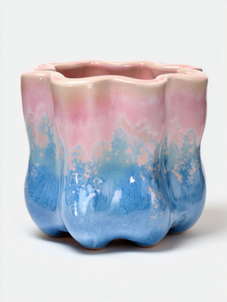 Cache-pot en céramique ondulé dégradé rose et bleu