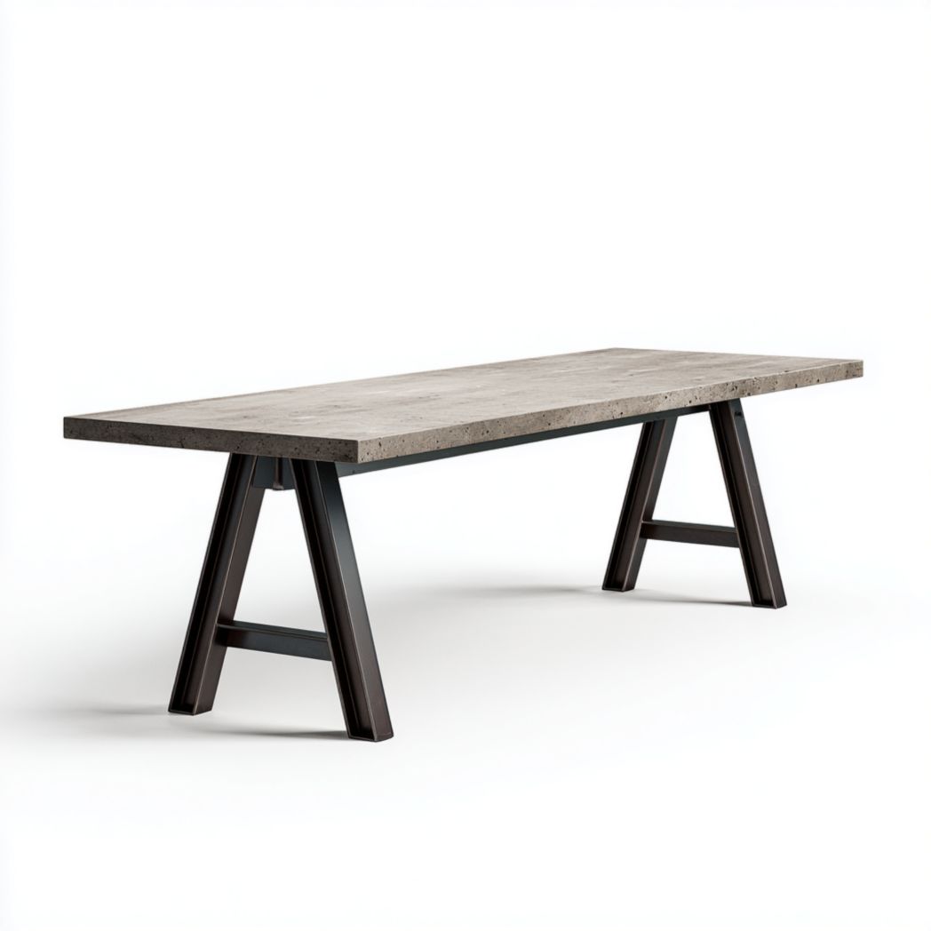 Table rectangulaire grise avec pieds marron foncé