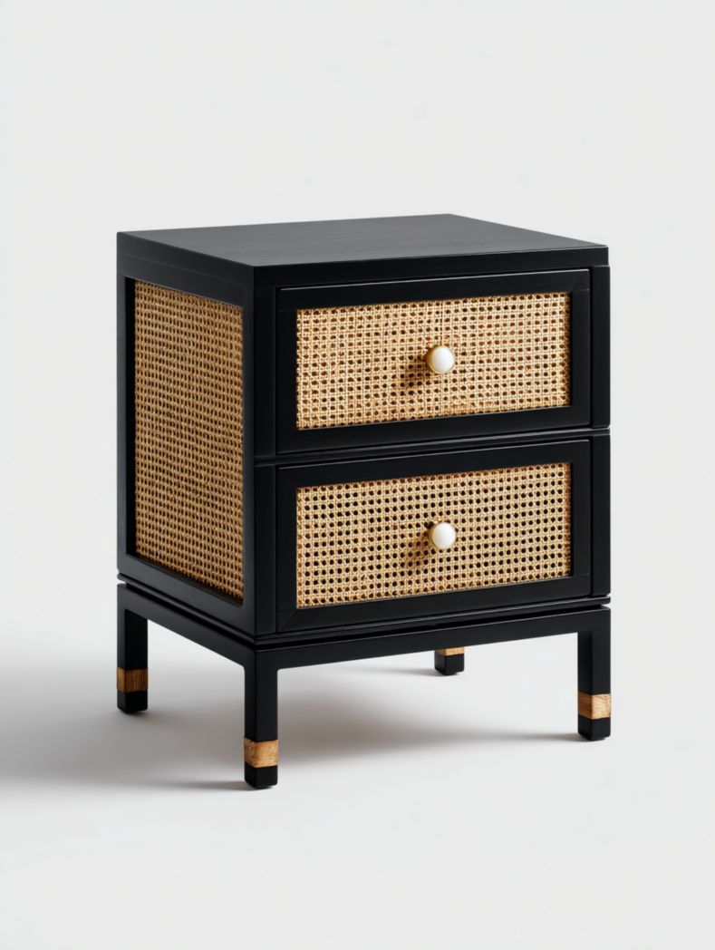 Table de chevet noire à deux tiroirs avec façade en rotin