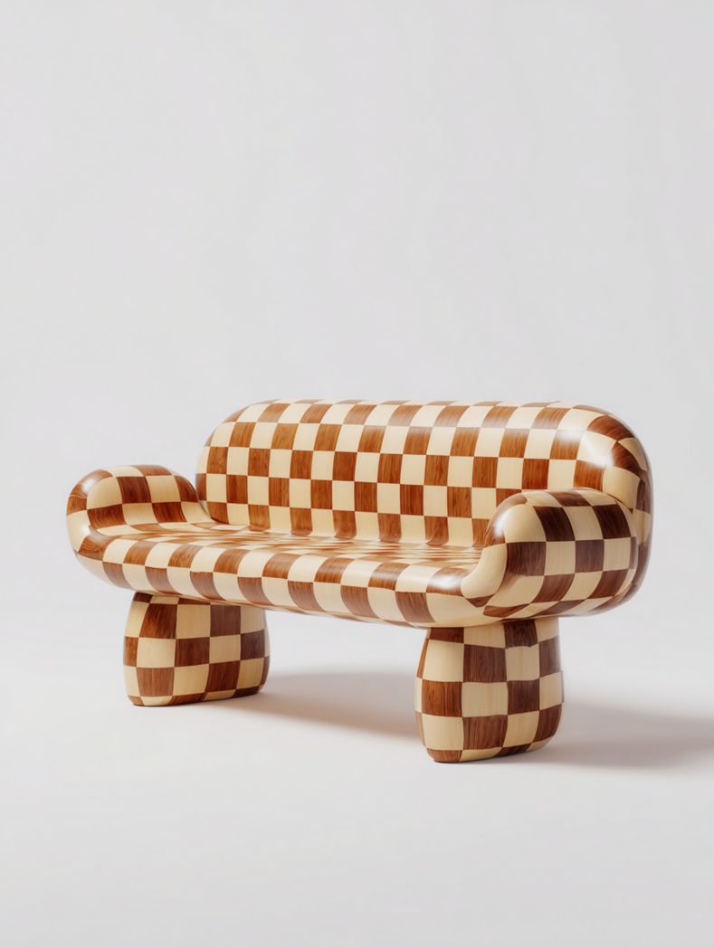 Banc artistique en bois à motif damier brun et beige