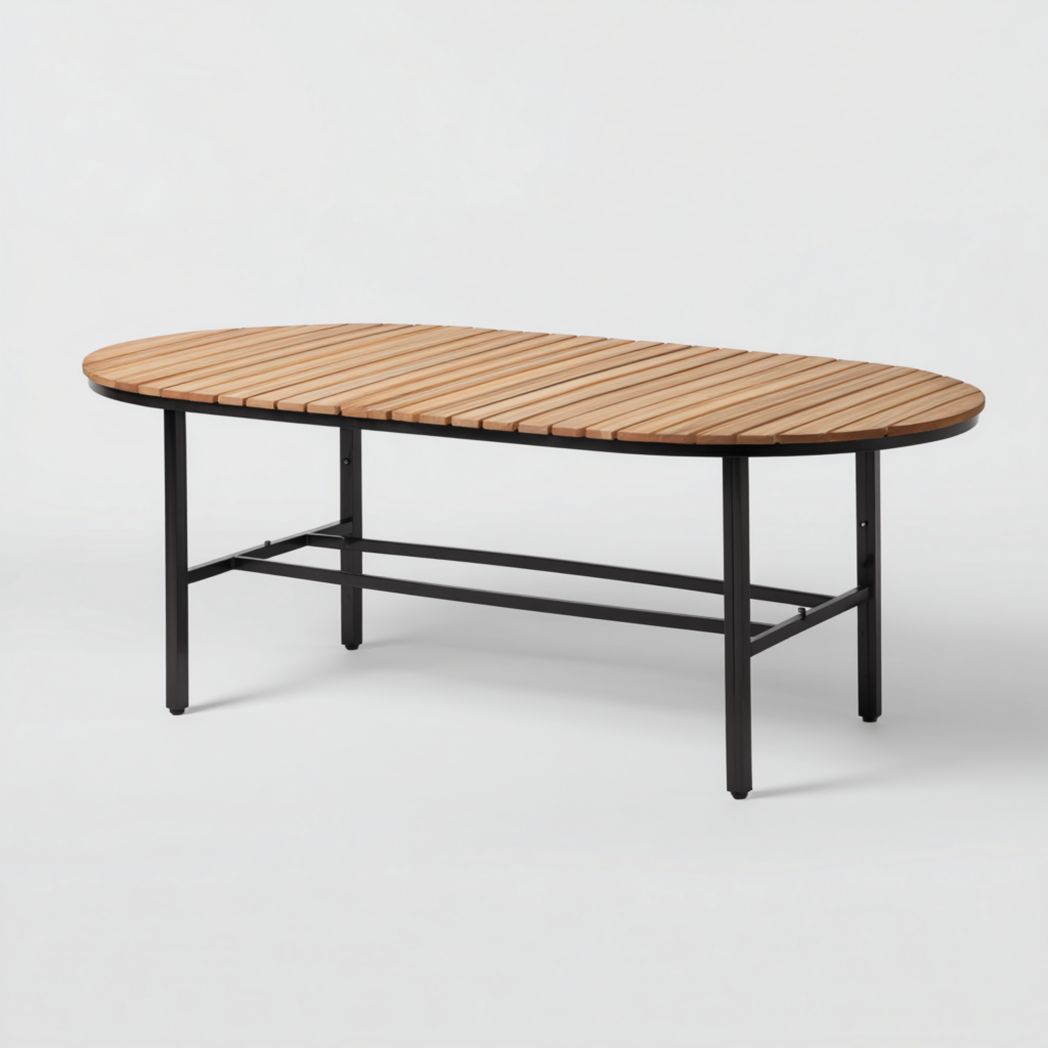 Table de jardin ovale avec plateau brun clair et structure noire