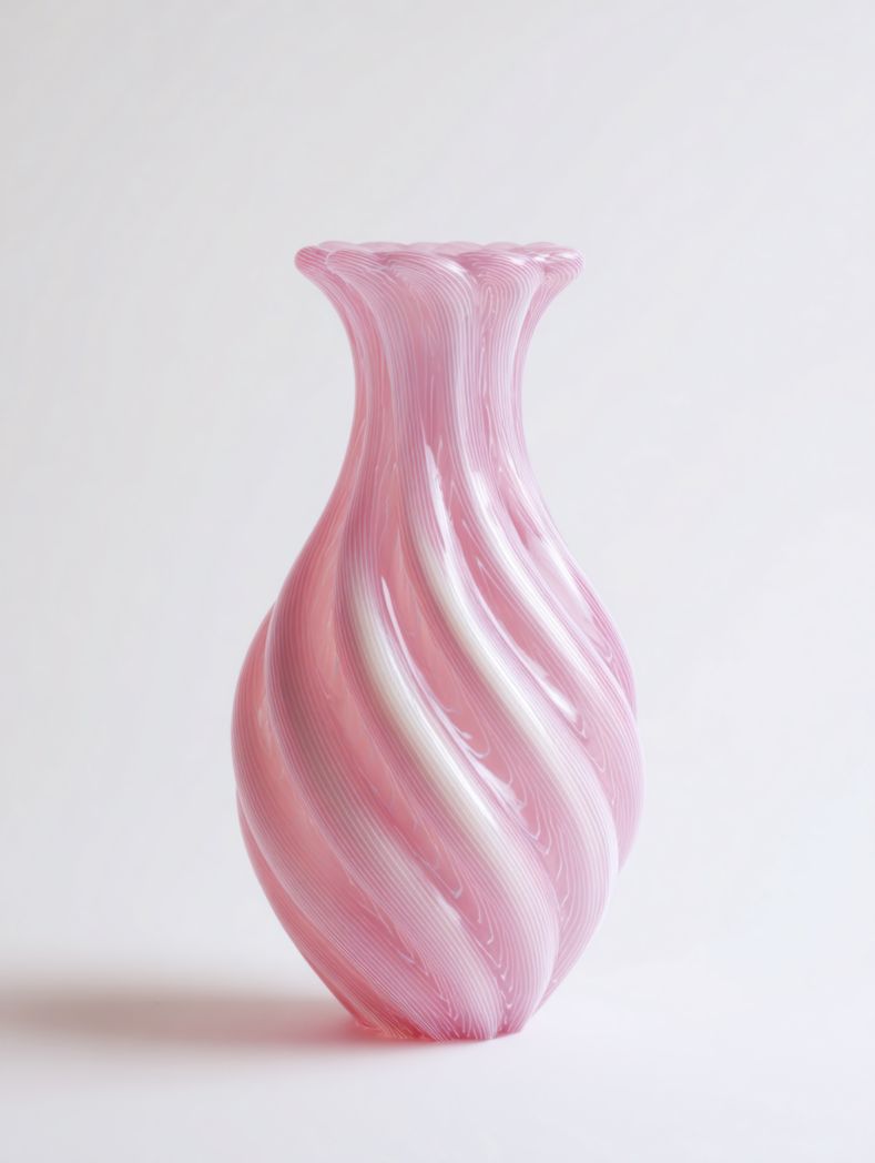 Vase en verre rose à motif torsadé