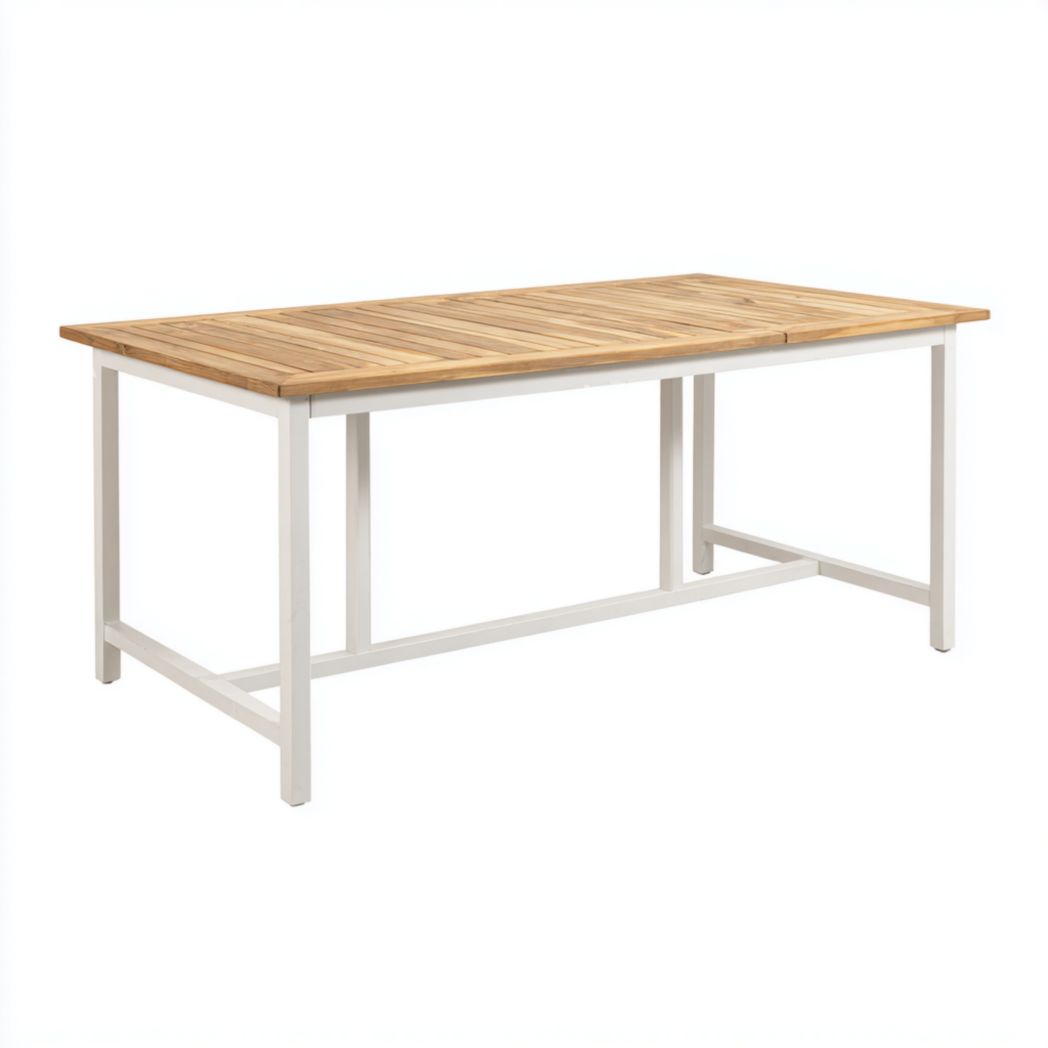 Table de jardin rectangulaire avec plateau brun clair et structure blanche