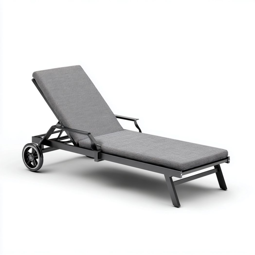 Bain de soleil réglable en aluminium noir avec coussin gris et roulettes