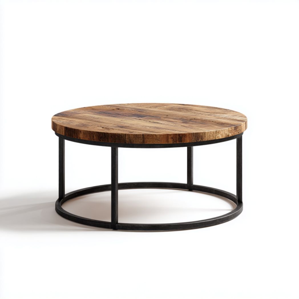 Table basse ronde en bois brun clair avec structure en métal noir