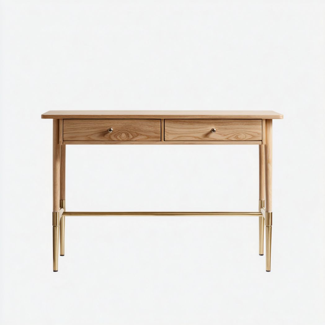 Console en bois marron clair avec finition en métal doré et poignées argentées
