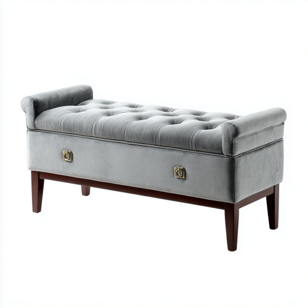 Banc de rangement avec assise grise et pieds brun foncé