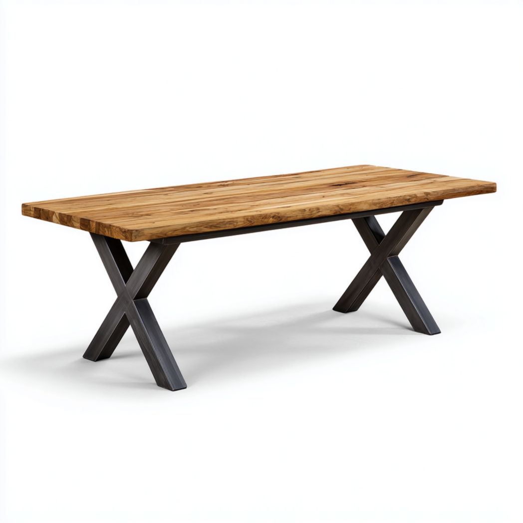 Table de jardin rectangulaire avec plateau brun clair et pieds croisés noirs