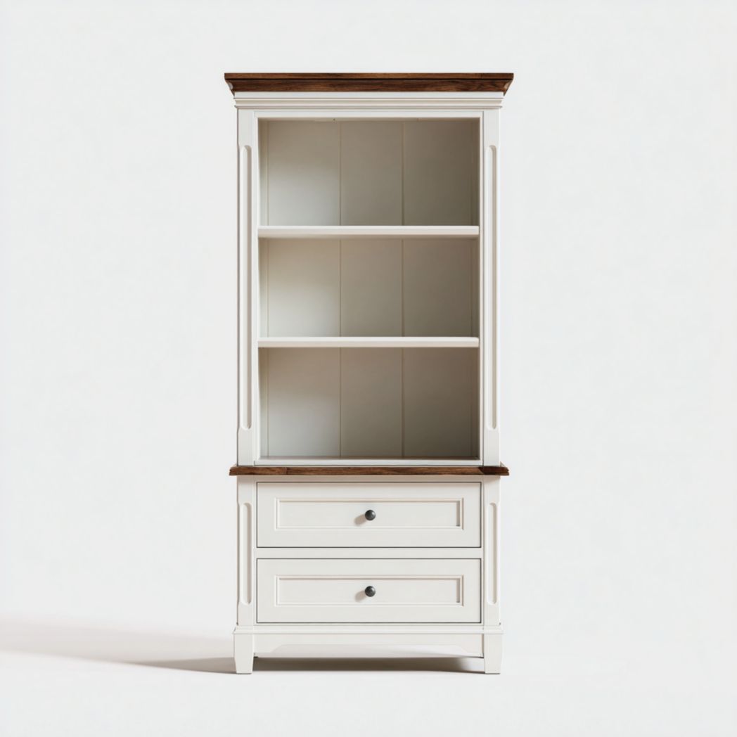 Bibliothèque en bois avec tiroirs et étagères ouvertes