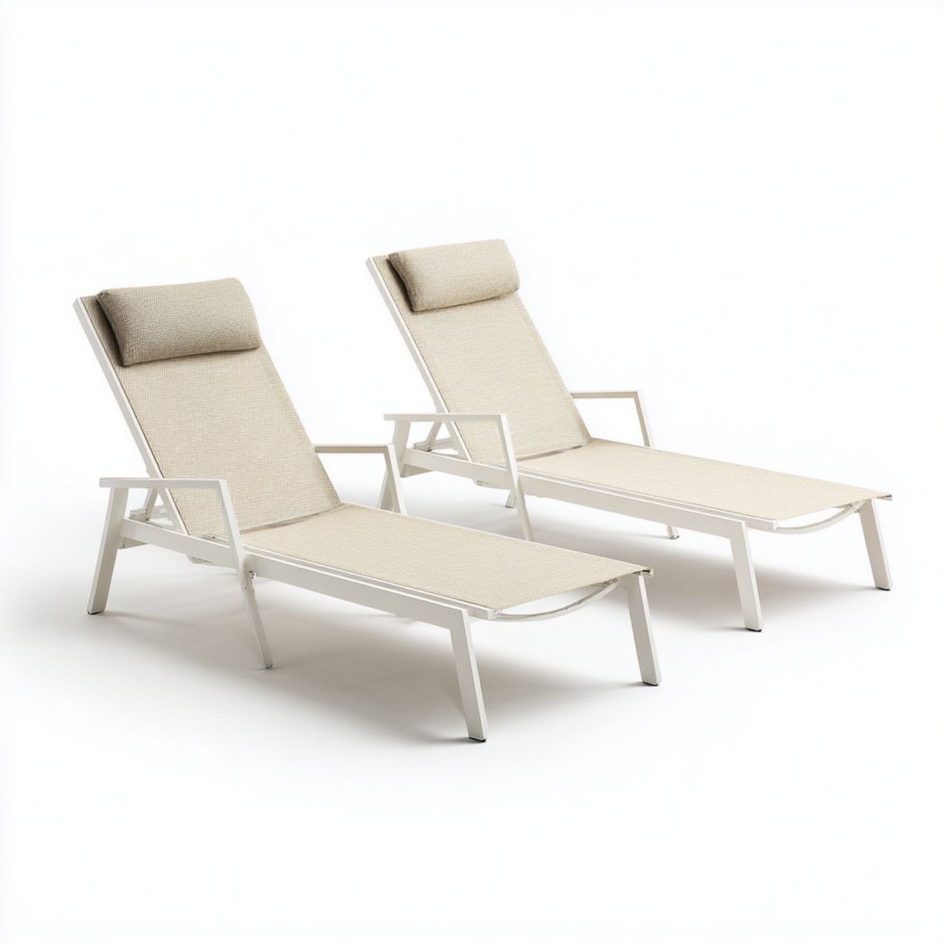 Lot de 2 bains de soleil réglables en aluminium blanc avec appuie-tête, toile en textilène beige